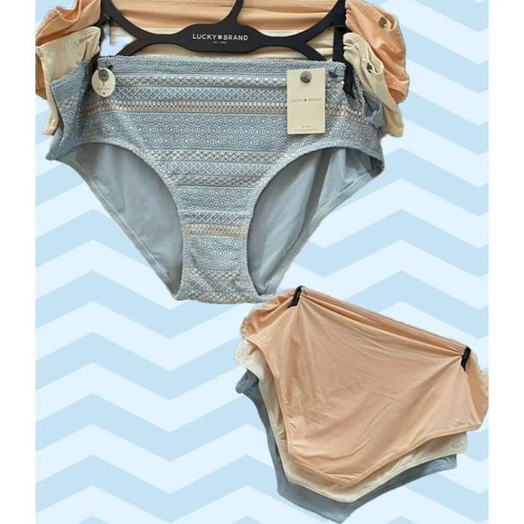 Lucky Brand L Blue- Coral-Cream Logo Tag Moisture Wicking Hipster Panties-3 Pk - Picture 1 of 4